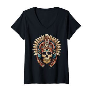 Womens Aztec God Of Death Skull V-Neck T-Shirt